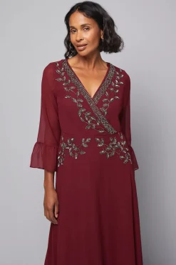 Robe Midi à Manches Évasées et Ornements Portefeuille