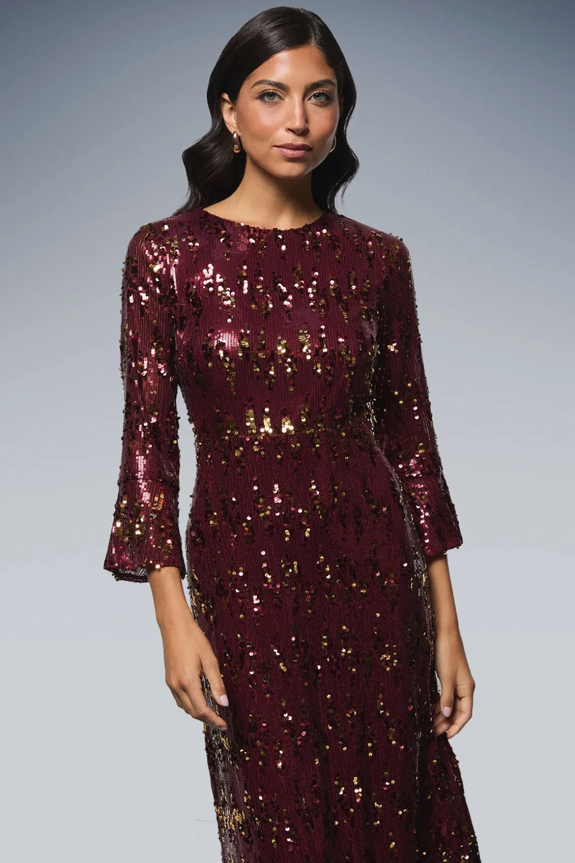 Robe Midi à Manches Évasées et Sequins