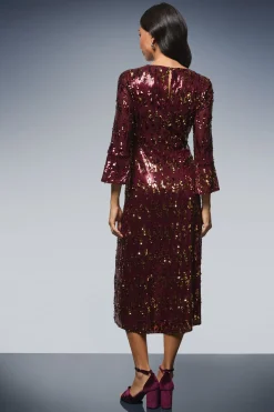 Robe Midi à Manches Évasées et Sequins
