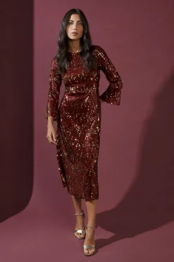 Robe Midi à Manches Évasées et Sequins
