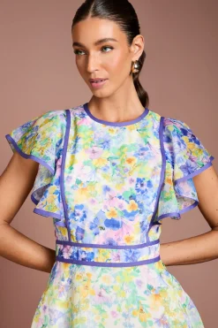 Robe Midi À Manches Volantées Avec Imprimé Placé