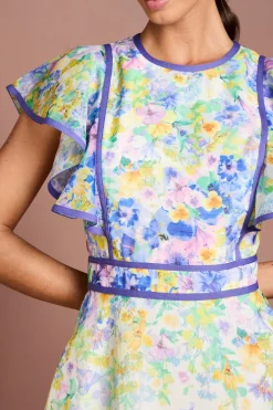 Robe Midi À Manches Volantées Avec Imprimé Placé