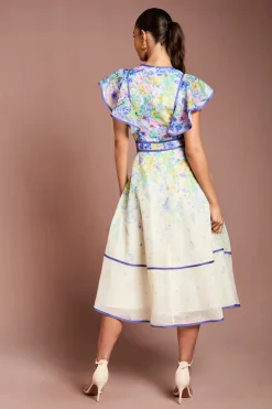 Robe Midi À Manches Volantées Avec Imprimé Placé