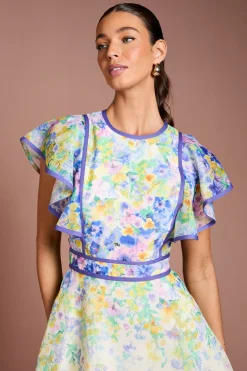 Robe Midi À Manches Volantées Avec Imprimé Placé