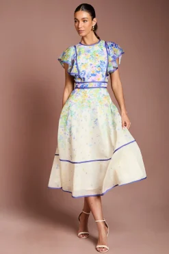 Robe Midi À Manches Volantées Avec Imprimé Placé