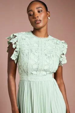 Robe Midi à Manches Volantées avec Haut en Dentelle et Jupe Plissée