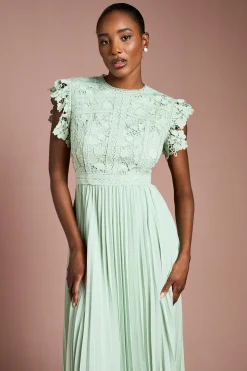 Robe Midi à Manches Volantées avec Haut en Dentelle et Jupe Plissée