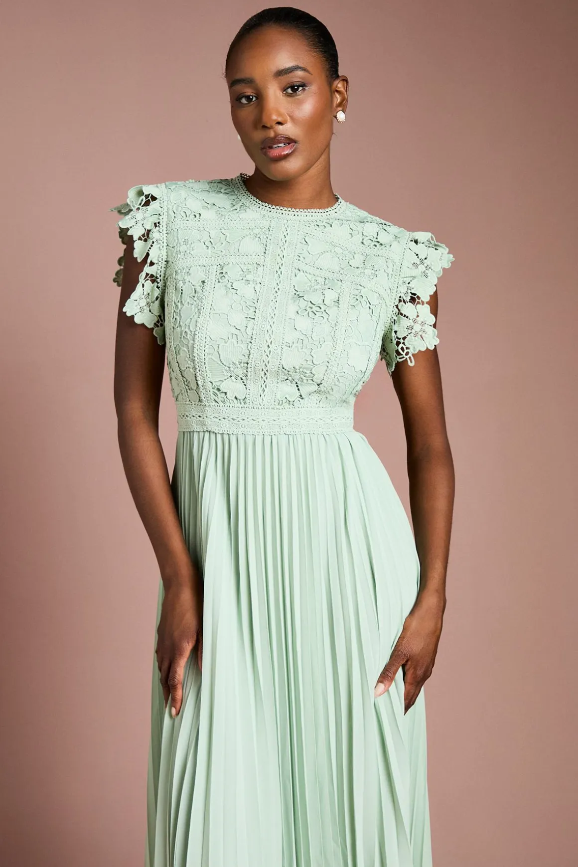 Robe Midi à Manches Volantées avec Haut en Dentelle et Jupe Plissée