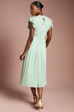 Robe Midi à Manches Volantées avec Haut en Dentelle et Jupe Plissée
