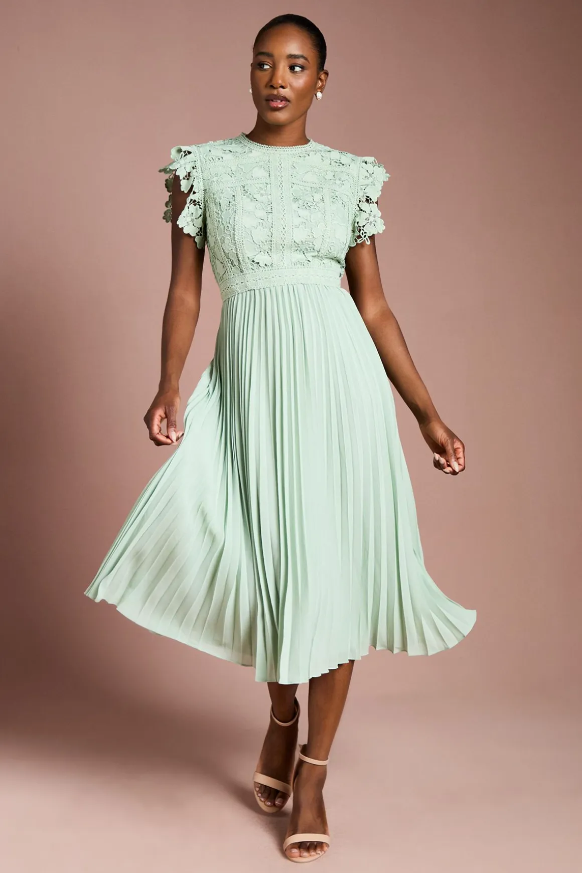 Robe Midi à Manches Volantées avec Haut en Dentelle et Jupe Plissée