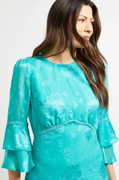 Robe Midi À Manches Volantées En Tissu Dévoré
