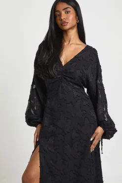 boohoo Robe Midi à Manches Volumineuses et Motif Floral Dévoré<Femme Robes Mi-Longues|Robes À Manches Longues