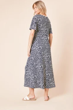 Robe Midi Marine à Imprimé Léopard avec Manches Évasées