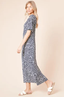 Robe Midi Marine à Imprimé Léopard avec Manches Évasées