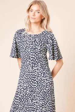 Robe Midi Marine à Imprimé Léopard avec Manches Évasées