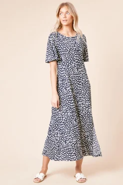 Robe Midi Marine à Imprimé Léopard avec Manches Évasées