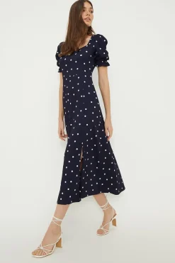 Dorothy Perkins Robe Midi Marine à Pois avec Décolleté Cœur<Femme Robes Mi-Longues|Robes