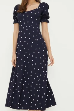 Dorothy Perkins Robe Midi Marine à Pois avec Décolleté Cœur<Femme Robes Mi-Longues|Robes