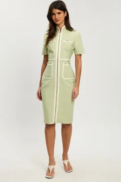 KarenMillen Robe Midi Militaire Moulante Petite Taille En Maille Bandage Avec Détails De Passepoil Et Manches Courtes<Femme Robes|Robes Mi-Longues