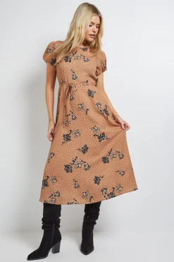 Robe Midi à Motifs Floraux Pierre avec Détail Dos Noué et Manches Bouffantes