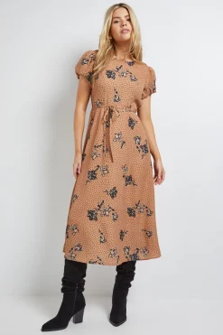 Robe Midi à Motifs Floraux Pierre avec Détail Dos Noué et Manches Bouffantes