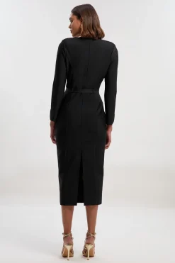 Robe Midi Moulante à Bandage avec Ceinture