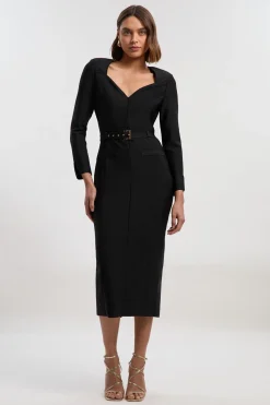 Robe Midi Moulante à Bandage avec Ceinture