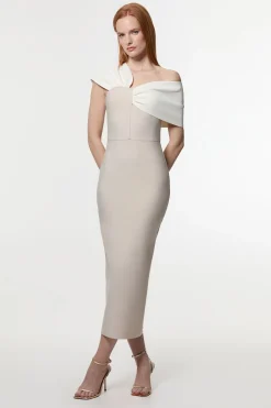 Robe Midi Moulante à Bandage avec Bretelle Asymétrique en Maille