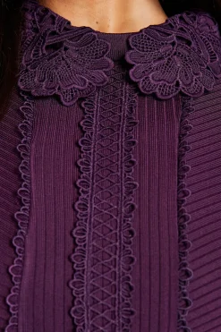Robe Midi Moulante À Col Avec Manches Courtes Et Finitions En Dentelle