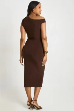 Robe Midi Moulante De Maternité À Encolure Bardot Froncée En Double Slinky