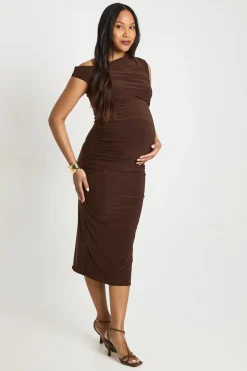 Robe Midi Moulante De Maternité À Encolure Bardot Froncée En Double Slinky