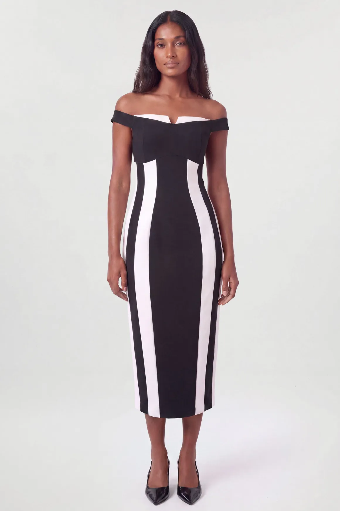 Robe Midi Moulante À Encolure Bardot Et Blocs De Couleur