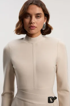 Robe Midi Moulante En Maille Bandage Asymétrique À Manches Longues Petite Silhouette