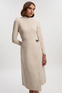 Robe Midi Moulante En Maille Bandage Asymétrique À Manches Longues Petite Silhouette