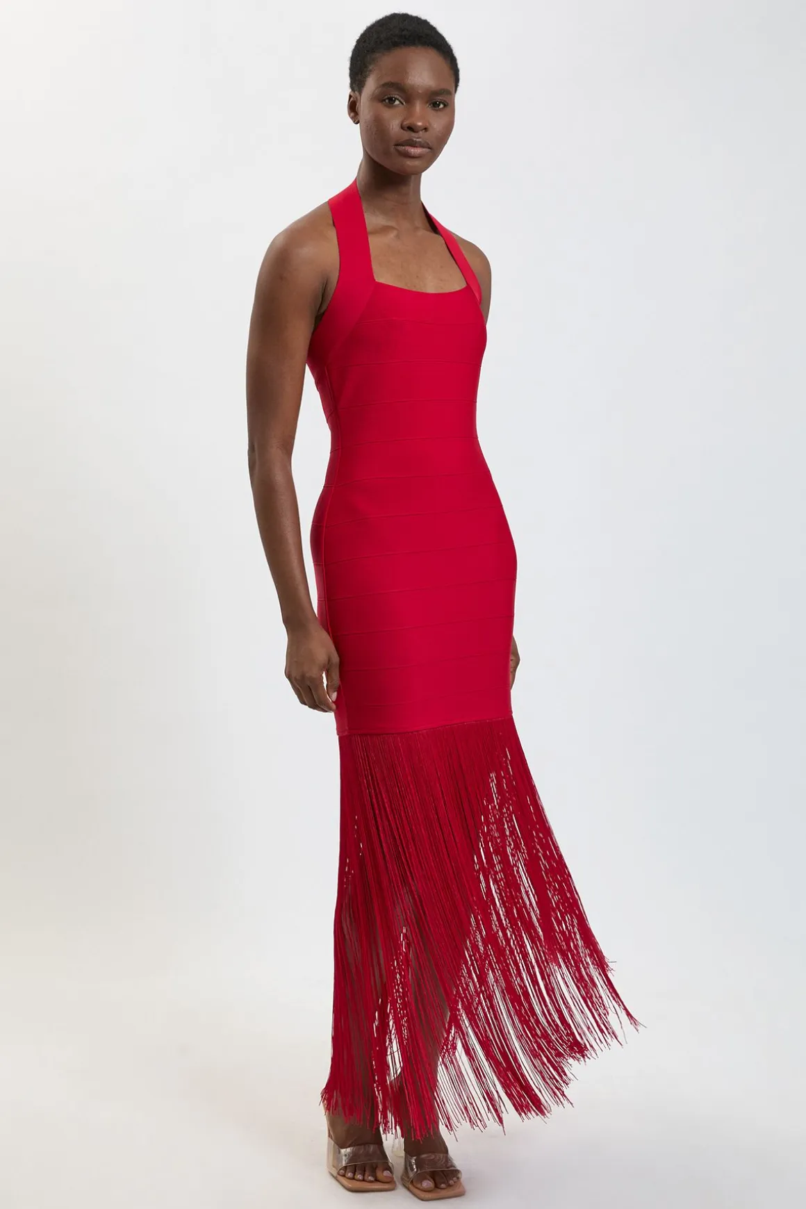 Robe Midi Moulante En Maille Bandage À Col Licou Avec Franges