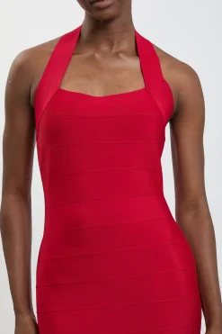 Robe Midi Moulante En Maille Bandage À Col Licou Avec Franges