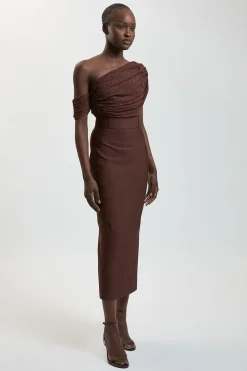 KarenMillen Robe Midi Moulante En Tricot Bandage Et Dentelle Asymétrique<Femme Toutes Les Robes|Robes Mi-Longues