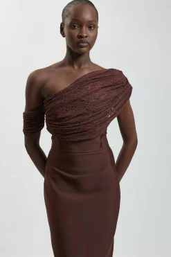 KarenMillen Robe Midi Moulante En Tricot Bandage Et Dentelle Asymétrique<Femme Toutes Les Robes|Robes Mi-Longues