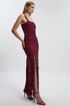 Robe Midi Moulante à Franges avec Détails Œillets et Bretelles