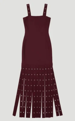 Robe Midi Moulante à Franges avec Détails Œillets et Bretelles