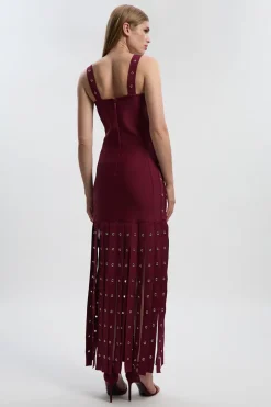 Robe Midi Moulante à Franges avec Détails Œillets et Bretelles