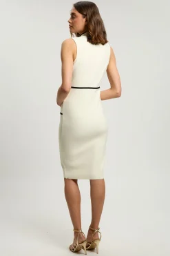 Robe Midi Moulante Sans Manches En Maille Bandage Avec Détails De Passepoil Militaire
