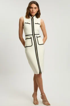 Robe Midi Moulante Sans Manches En Maille Bandage Avec Détails De Passepoil Militaire