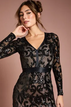 Robe midi moulante à sequins et manches longues