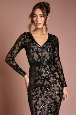 Robe midi moulante à sequins et manches longues