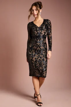 Robe midi moulante à sequins et manches longues