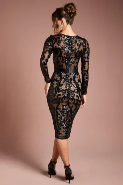 Robe midi moulante à sequins et manches longues