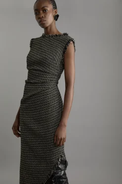 Robe midi métallisée en bouclé, ajustée et froncée