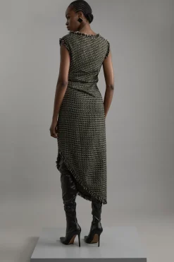 Robe midi métallisée en bouclé, ajustée et froncée