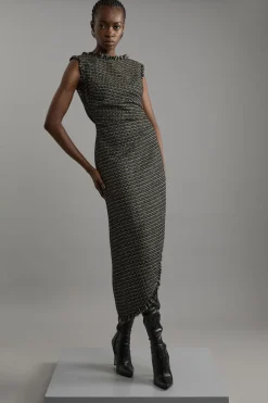 Robe midi métallisée en bouclé, ajustée et froncée